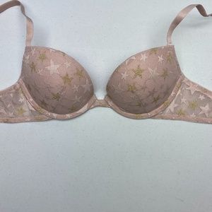 NWOT LS TAN/GLD "Remix Push up Plunge", 32B. *P1042